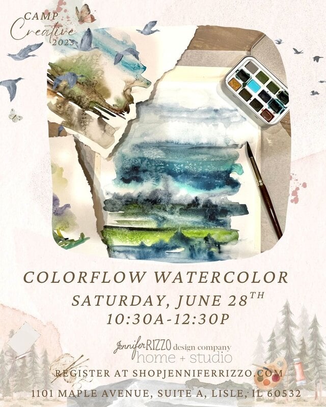 A watercolor painting set with brushes and a paint palette is shown with event details for a Colorflow Watercolor workshop on June 28th from 10:30 AM to 12:30 PM in Lisle, IL.