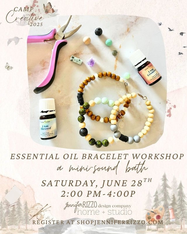 A flat lay displays beaded bracelets, essential oil bottles, pliers, and text advertising an Essential Oil Bracelet Workshop on June 28 from 2–4 PM.