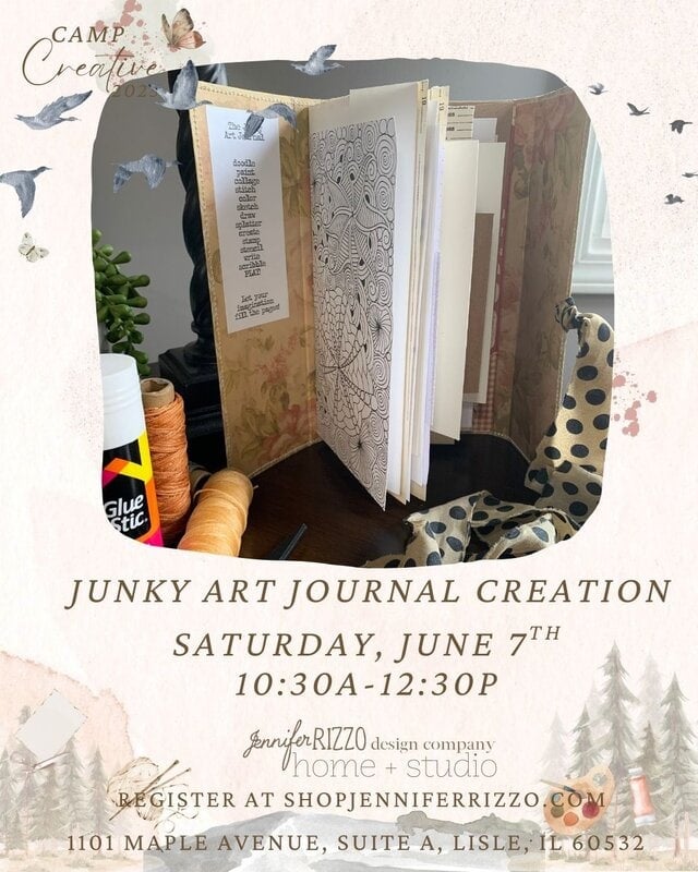 An open art journal stands on a table with a glue stick, thread spools, and decorative papers; text details a Junky Art Journal Creation event on June 7th at Jennifer Rizzo Studio.