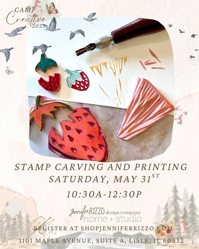 Flyer for a stamp carving and printing workshop on Saturday, May 31st, 10:30 AM–12:30 PM, at 1101 Maple Avenue, Suite A, Lisle, IL, featuring carved strawberry stamps and printing tools.