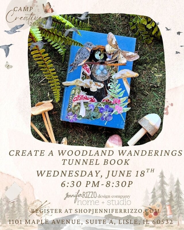 A decorated journal with woodland animals and mushrooms is surrounded by art supplies. Event details for a "Woodland Wanderings Tunnel Book" workshop are displayed.