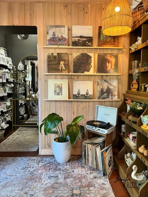 A cozy room with wooden walls features vinyl records displayed on shelves, a record player atop a cabinet, a potted plant, and a rug. A mirror reflects shelves of linens or towels.