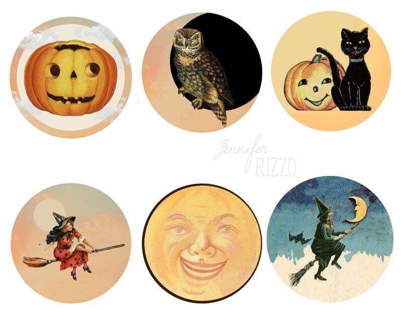 Six vintage-style Halloween illustrations in circular frames, featuring a pumpkin, an owl, a cat with a pumpkin, two witches, and a smiling moon face.