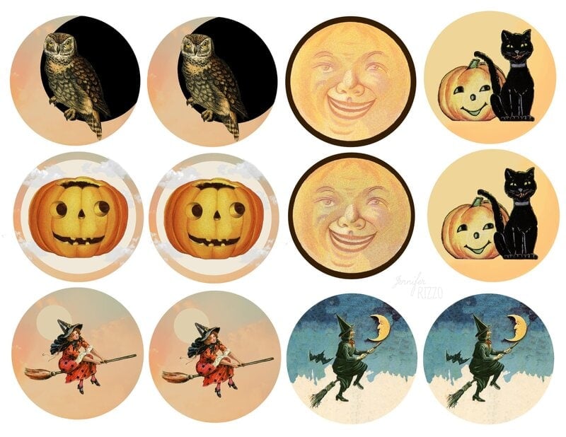 A grid of vintage Halloween stickers featuring owls, jack-o’-lanterns, smiling moons, black cats, and witches flying on brooms in circular frames.