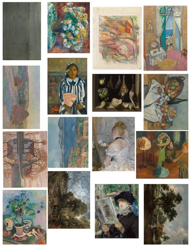 A collage of fifteen various paintings, including portraits, still lifes, landscapes, and abstract works, arranged in a grid on a white background.