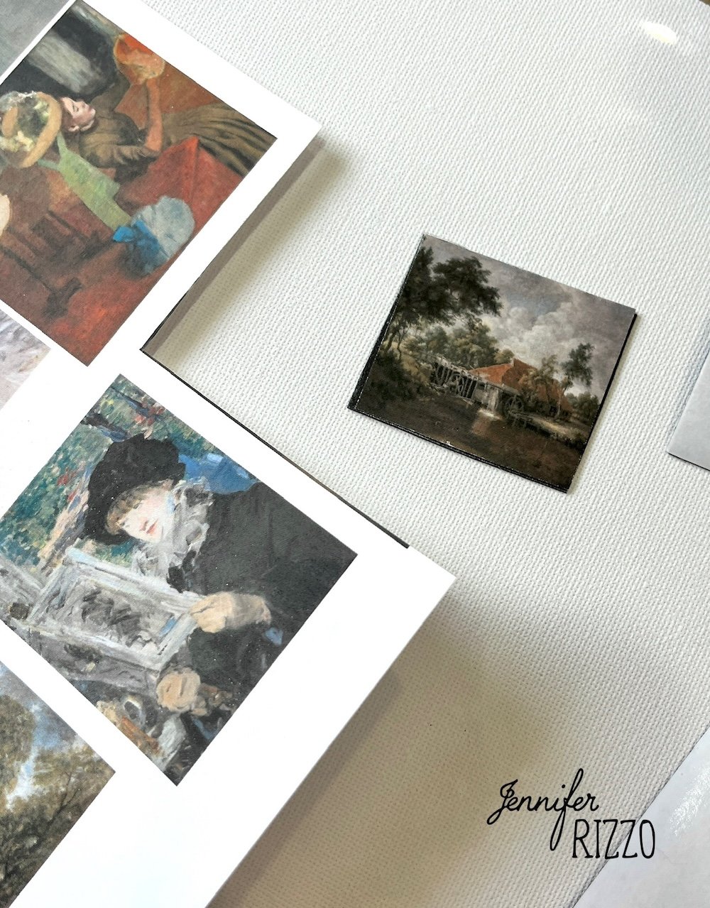 A collection of small printed art images is arranged on a white surface, featuring various paintings and the text "Jennifer Rizzo" in the lower right corner.