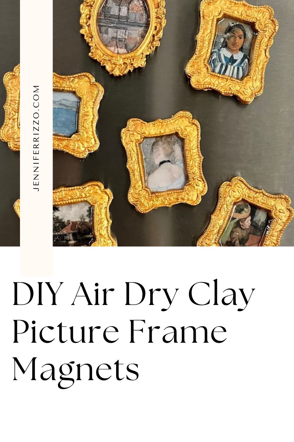 Small ornate gold picture frames with various artworks are arranged on a dark surface, displayed as DIY air dry clay picture frame magnets.