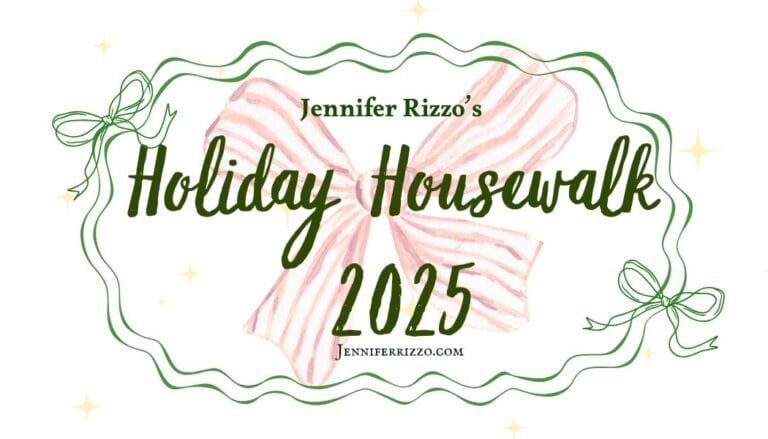Graphic with a pink bow, green decorative border, and the text "Jennifer Rizzo's Holiday Housewalk 2025 jenniferrizzo.com" in script and print fonts.