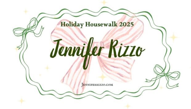 A pink striped bow with green decorative lines surrounds the text "Holiday Housewalk 2025 Jennifer Rizzo Jenniferrizzo.com" on a white background with yellow stars.