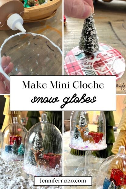 Collage showing steps to make mini snow globe cloches from plastic wine glasses, with small trees, figurines, and faux snow inside clear domes, displayed on decorated bases.