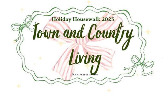 A graphic reads "Holiday Housewalk 2025 Town and Country Living" with a pink striped bow and green ribbon designs on a white background.