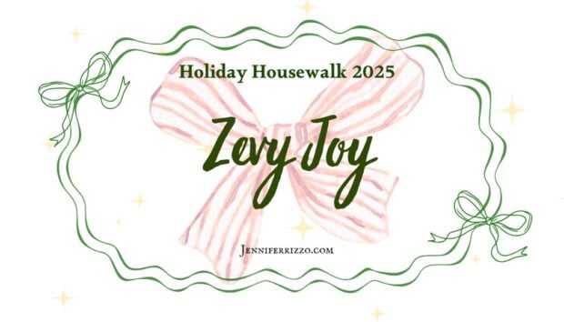 Green wavy border with bows, a red and white striped bow in the center, and text reading "Holiday Housewalk 2025 Lazy Joy" with "JenniferRizzo.com" below.