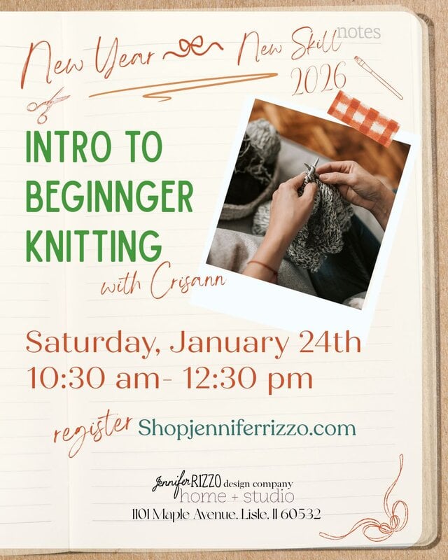 Flyer for an "Intro to Beginner Knitting" class with a photo of hands knitting; event is on Saturday, January 24th, 10:30 am–12:30 pm at jenniferRIZZO design company, Lisle, IL.