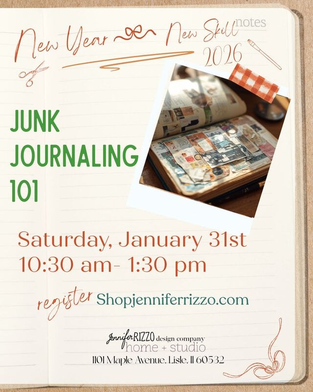 Flyer for a "Junk Journaling 101" workshop on Saturday, January 31st from 10:30 am to 1:30 pm at Jennifer Rizzo Design Company, with registration at shopjenniferrizzo.com.