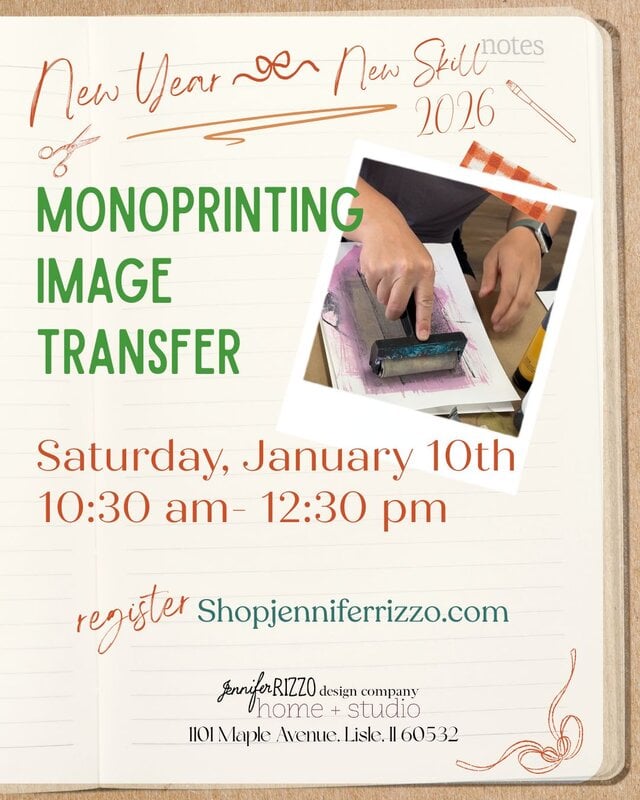 A person uses a brayer to roll ink on paper; text advertises a monoprinting image transfer workshop on January 10th, 10:30 am–12:30 pm at Shopjenniferrizzo.com.