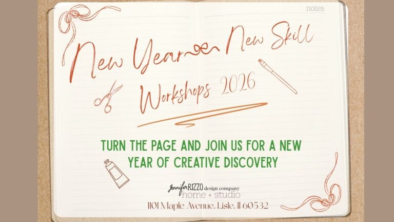 Open notebook with handwritten text: "New Year, New Skill Workshops 2026. Turn the page and join us for a new year of creative discovery." Art tool illustrations are scattered around.