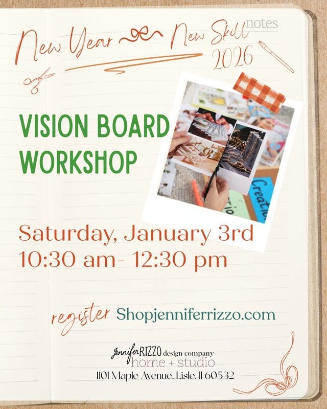 Flyer for a Vision Board Workshop on Saturday, January 3rd, 10:30 am to 12:30 pm at 1101 Maple Avenue, Lisle, IL; includes registration info and workshop details.
