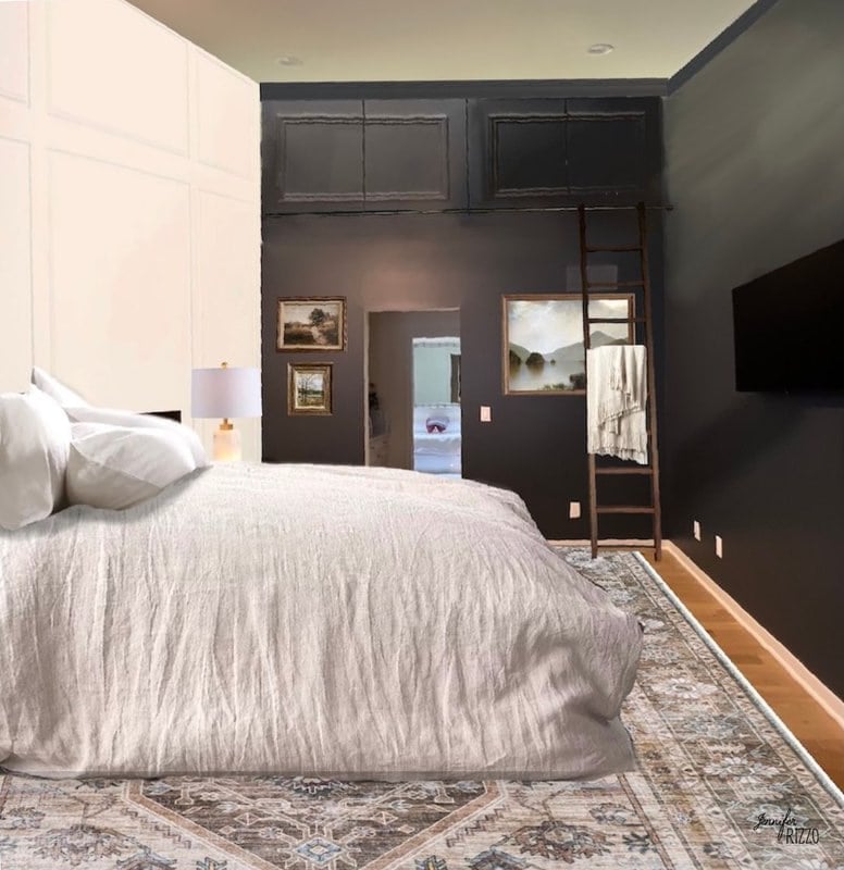A bedroom with a large bed, neutral bedding, patterned rug, dark walls, framed art, a mounted TV, and a wooden ladder leading to a loft storage area.