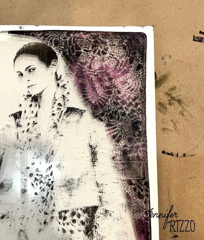 Black and white portrait of a woman with a neutral expression, overlaid with textured purple patterns, on a brown surface. “Jennifer Rizzo” is written in the bottom right corner.