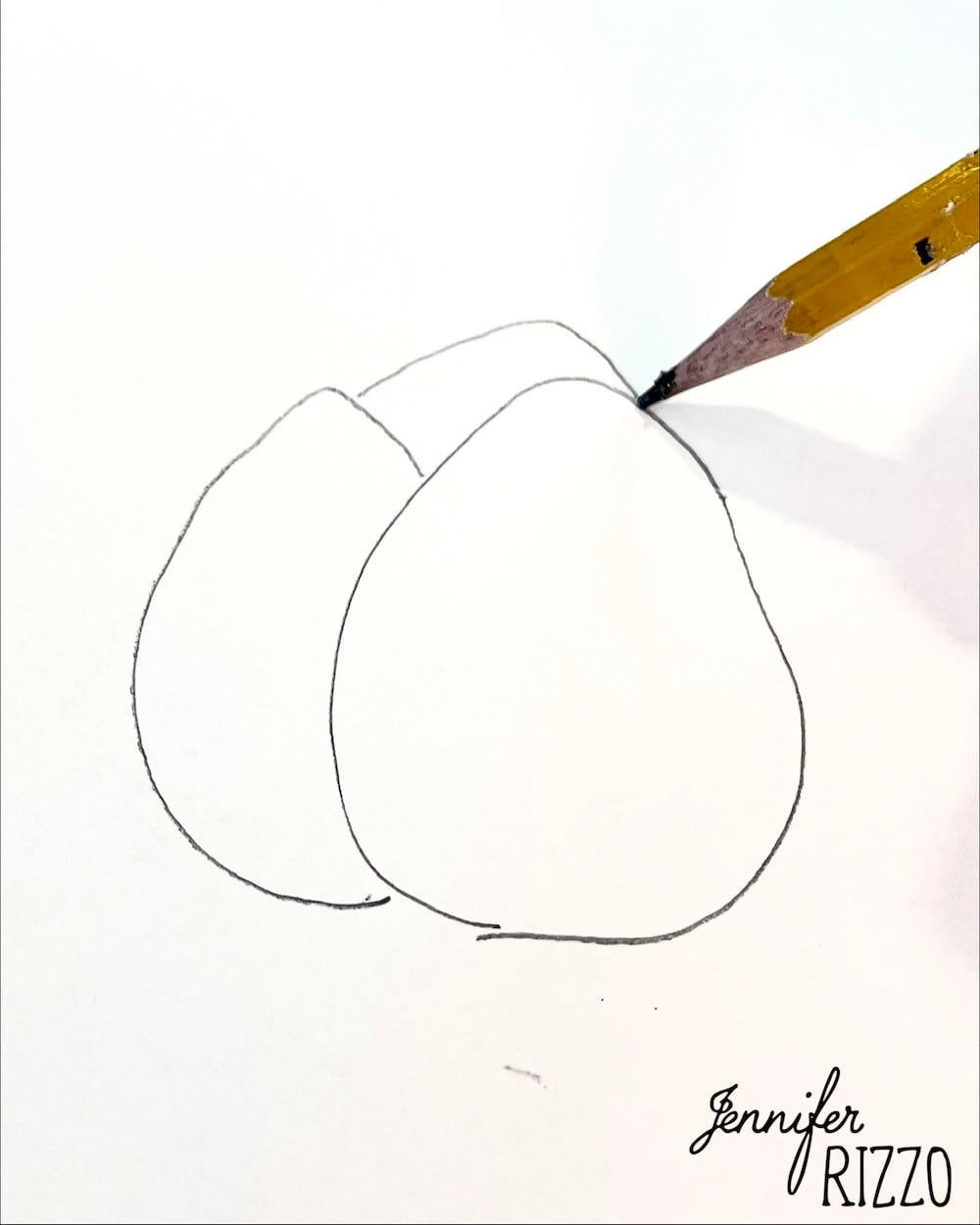 A pencil draws the outline of two overlapping, oval shapes on white paper. The name "Jennifer Rizzo" is written in the lower right corner.