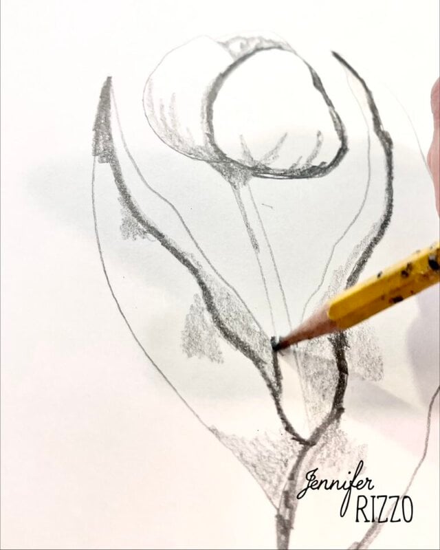 A hand sketches a flower with a pencil on white paper. The drawing is incomplete. The name "Jennifer Rizzo" is written in the corner.