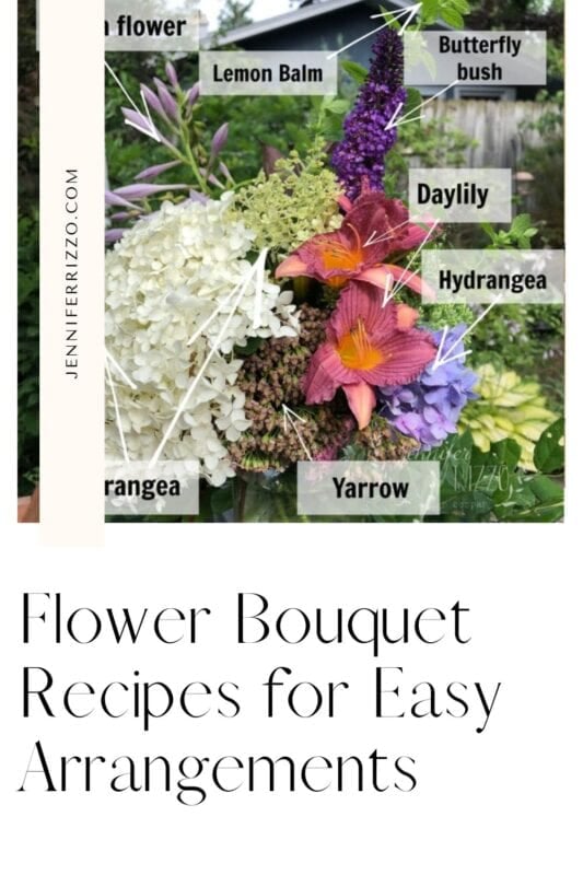 A bouquet with labeled flowers—lemon balm, butterfly bush, daylily, hydrangea, and yarrow—shown outdoors. Text reads “Flower Bouquet Recipes for Easy Arrangements: The Best Flowers for Bouquets.”.