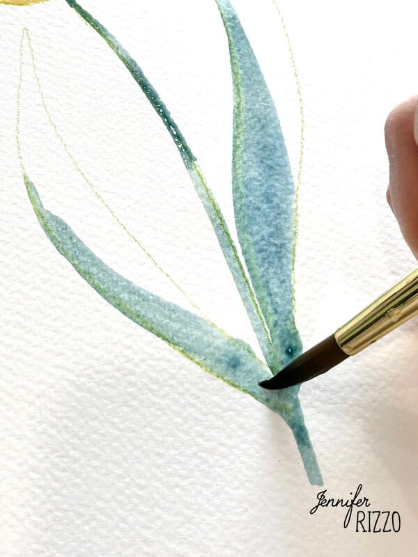 A hand uses a paintbrush to apply blue watercolor to a leaf on textured paper; thin green outlines sketch the shape. "Jennifer Rizzo" is printed at the bottom right.