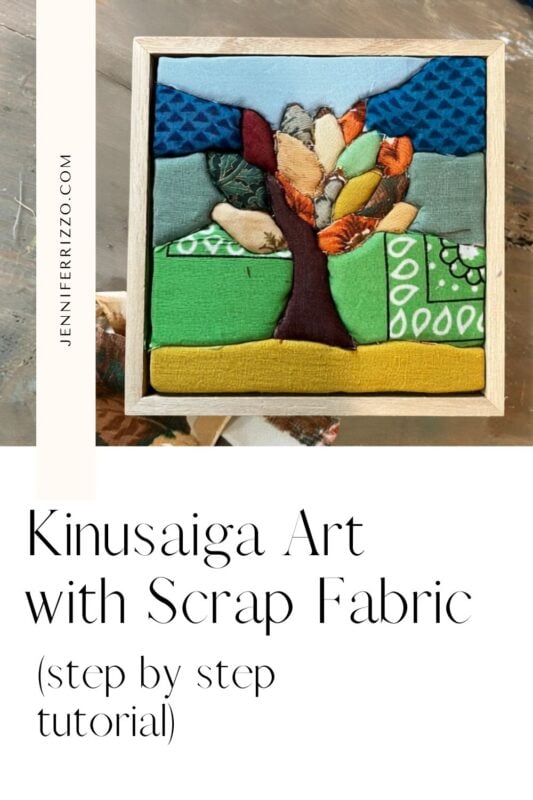 Framed Easy Kinusaiga Art with Fabric showcases a tree and landscape crafted from scrap materials, with text inviting you to follow a step-by-step tutorial.