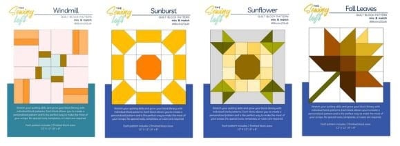 Four quilt block patterns are displayed side by side: Windmill, Sunburst, Sunflower, and Fall Leaves from The Sewing Loft , each with colorful geometric designs and instructional text beneath the images.