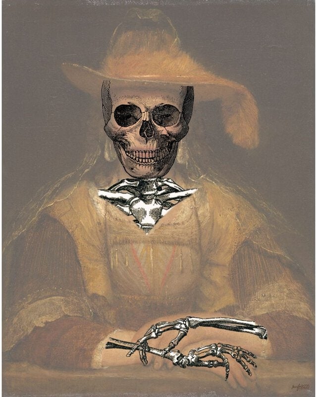 A portrait of a person in historical clothing with a drawn skull and skeleton overlay replacing the head and hands.