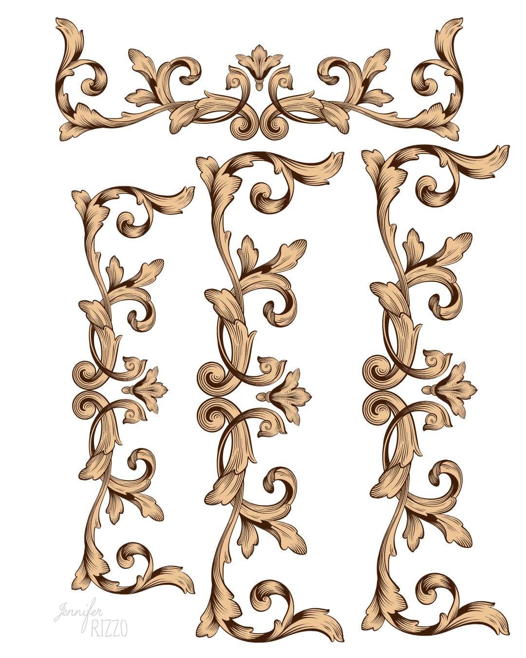 Ornate, hand-drawn decorative floral borders in brown tones featuring scrolls and leaves, arranged in three vertical columns with a horizontal top border on a white background.