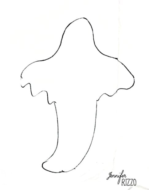 Simple black outline drawing of a ghost with outstretched arms on a white background. “Jennifer Rizzo” is written in the bottom right corner.