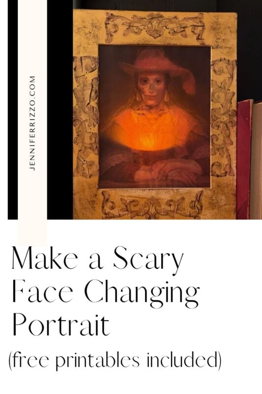A framed portrait with an eerie, glowing face is displayed above text that reads, “Make a Scary Face Changing Portrait (free printables included).”.