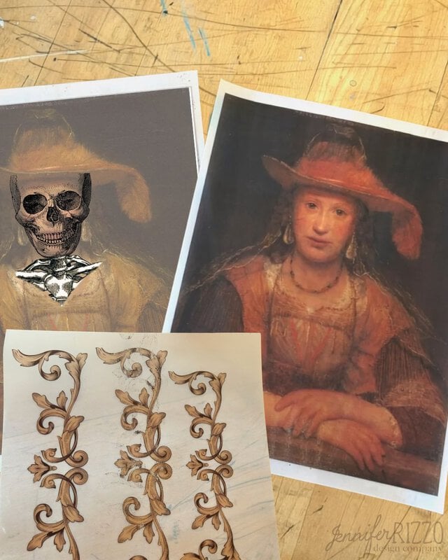 Three printed images on a wooden table: a skull overlay on a woman’s portrait, a classic woman in a hat, and an ornate floral decorative design.