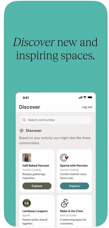A mobile app screen shows community recommendations for food, sports, and crafts, with “Discover new and inspiring spaces” written at the top.
