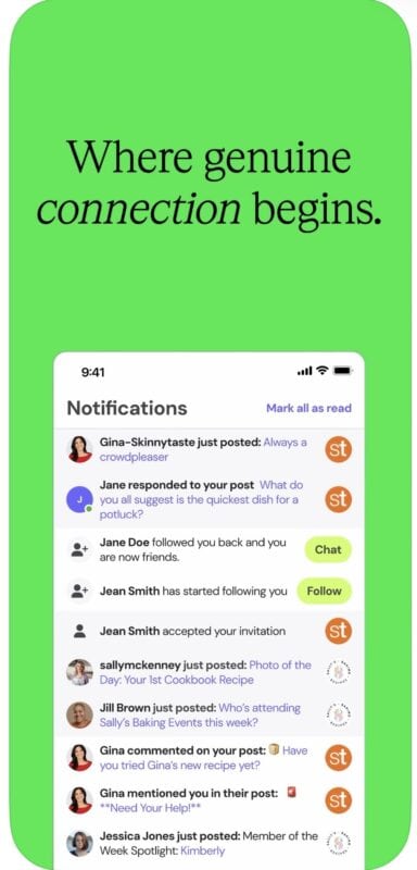 A mobile screen shows social media notifications for follows, comments, and posts, under the text “Where genuine connection begins” on a green background—highlighting the power of a community app to bring people together.