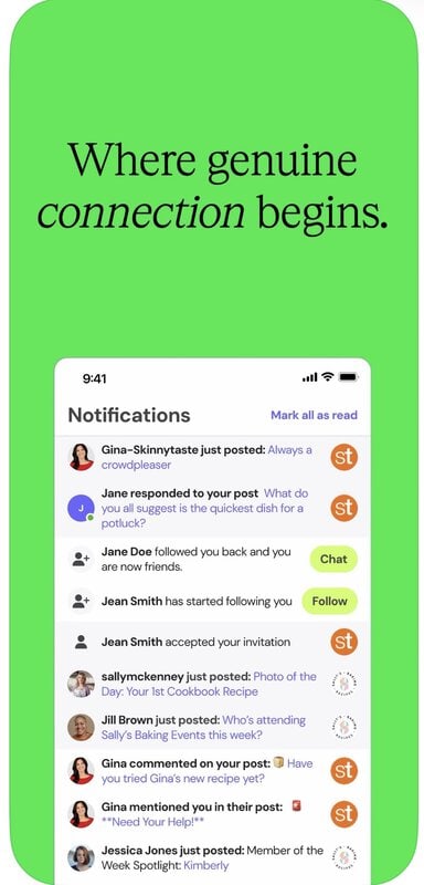 A mobile screen shows social media notifications for follows, comments, and posts, under the text “Where genuine connection begins” on a green background—highlighting the power of a community app to bring people together.