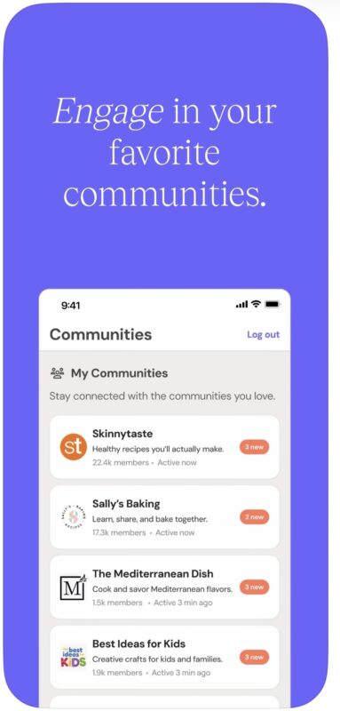 A smartphone screen shows a “Communities” page listing community groups like Skinnytaste, Sally’s Baking, The Mediterranean Dish, and Best Ideas for Kids, each with new activity notifications.