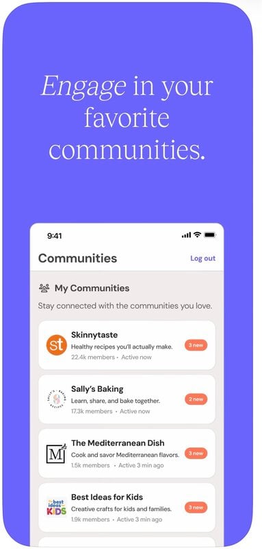 A smartphone screen shows a “Communities” page listing community groups like Skinnytaste, Sally’s Baking, The Mediterranean Dish, and Best Ideas for Kids, each with new activity notifications.