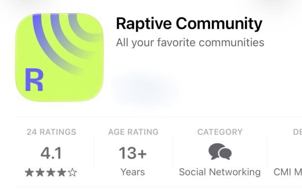 App listing for “Raptive Community” shows a green and blue logo, 4.1-star rating from 24 reviews, age rating 13+, and Social Networking category.