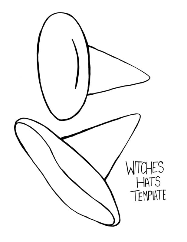 Black and white drawing of two pointed witch hat templates with “Witches Hats Template” written beside them.