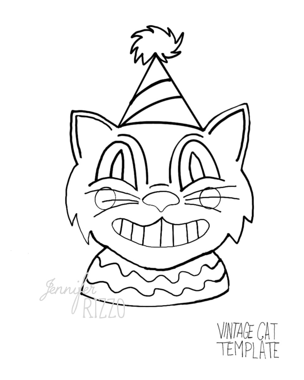 Line drawing of a smiling cat wearing a party hat and collar, labeled “Vintage Cat Template.”.