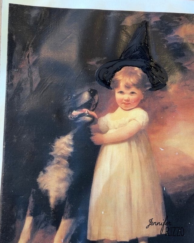A vintage-style painting of a child in a white dress with a black dog. A black witch hat is drawn on the child’s head. The artist’s signature reads “Jennifer Rizzo.”.