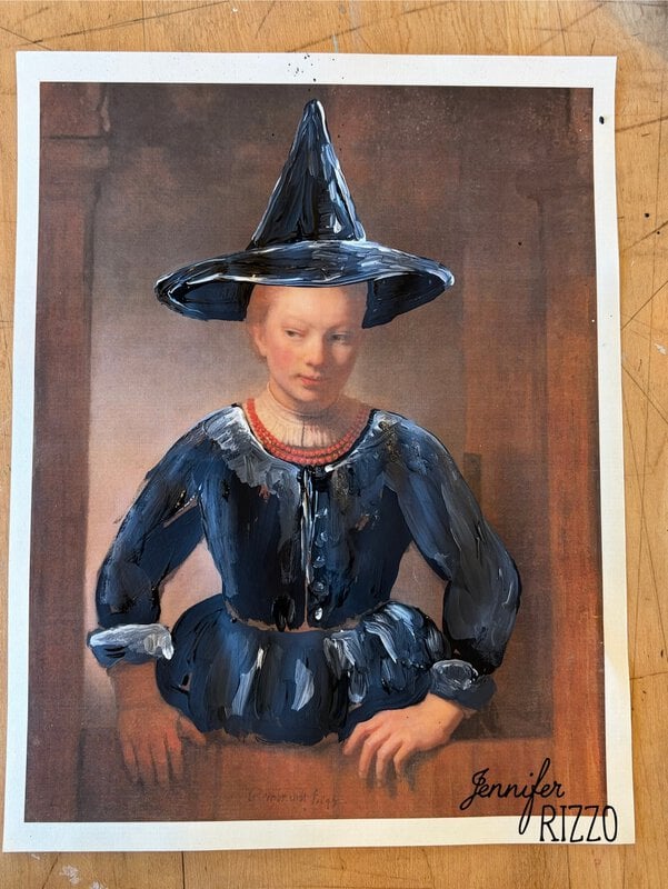 A classical portrait print has been painted over to give the woman a blue dress and black witch hat. “Jennifer Rizzo” is signed in the bottom right corner.