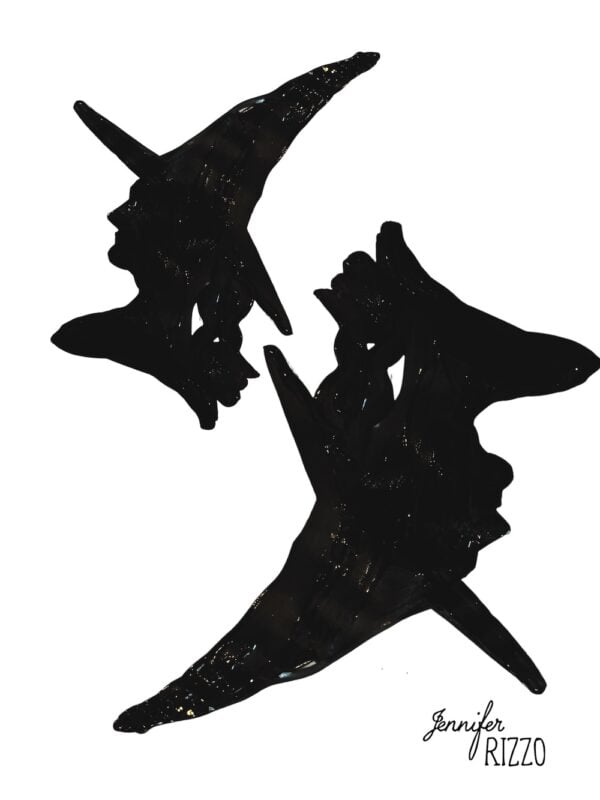 Two abstract black shapes resembling flying birds or witch hats on a white background, with the text “Jennifer Rizzo” in the lower right corner.